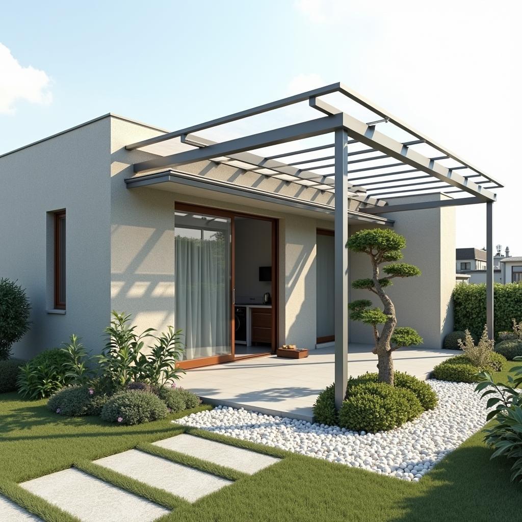 Mái che sân thượng nhà ống bảo vệ khu vực giặt phơi và tiểu cảnh nhỏ